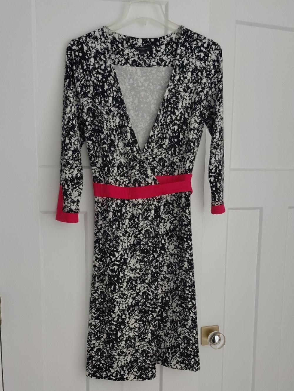 Ann Taylor Black and White Printed Wrap Dress with Pink Trim